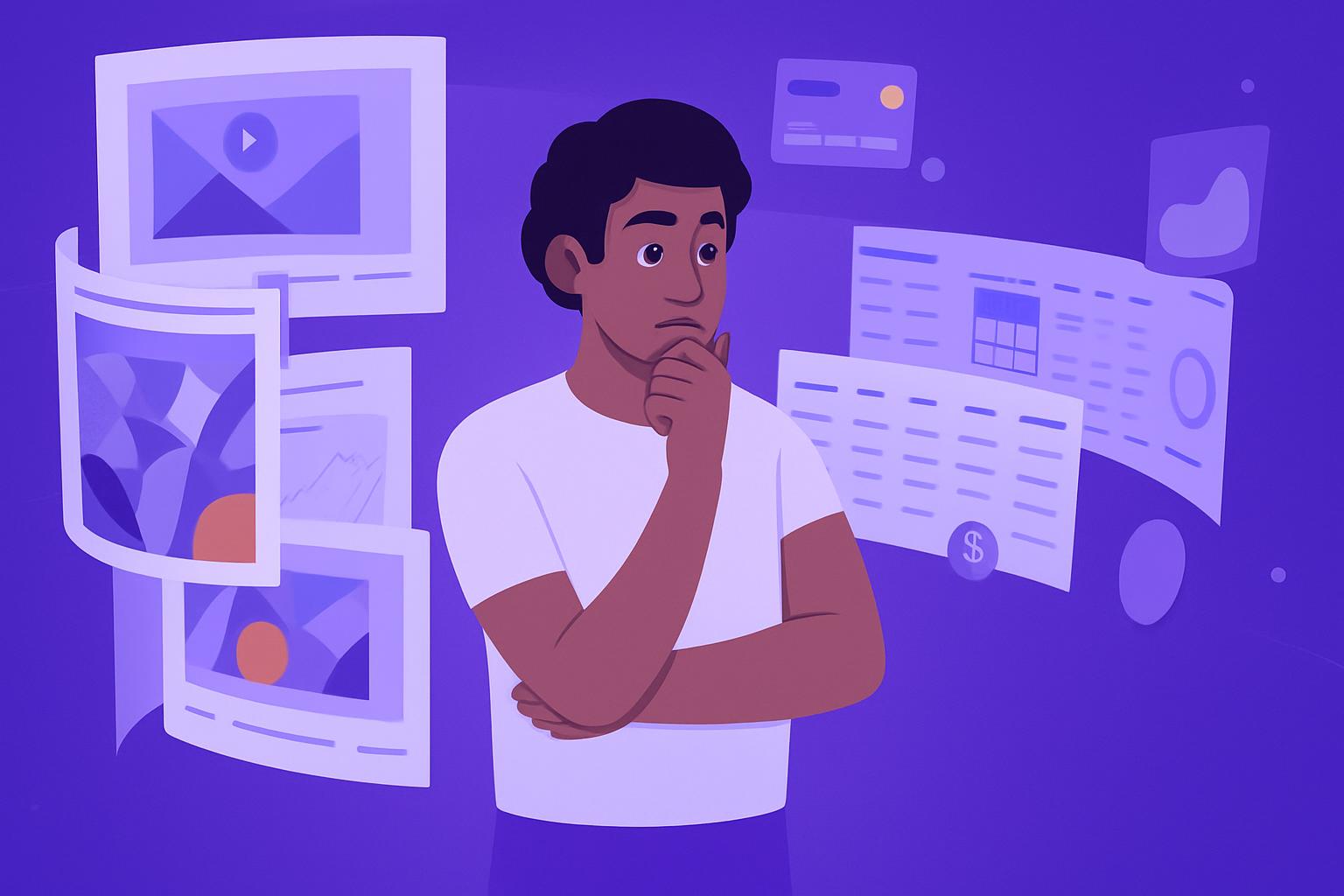 Xây Dựng Chiến Lược Marketing Online Hiệu Quả Một người đàn ông đang suy tư về các yếu tố của một chiến lược marketing online, bao gồm nội dung hình ảnh, video và dữ liệu tài chính.