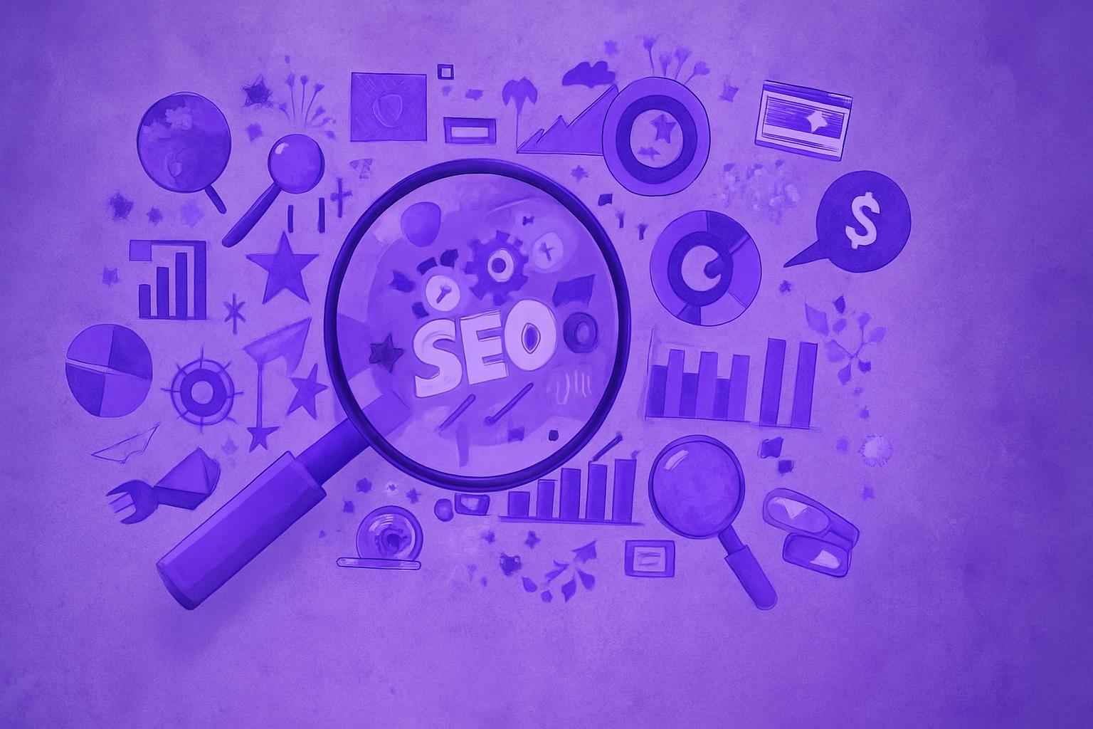 Từ khóa hình ảnh liên quan đến SEO được thể hiện qua các biểu tượng như kính lúp, biểu đồ, đồng hồ, và các yếu tố đồ họa kỹ thuật số trên tường.