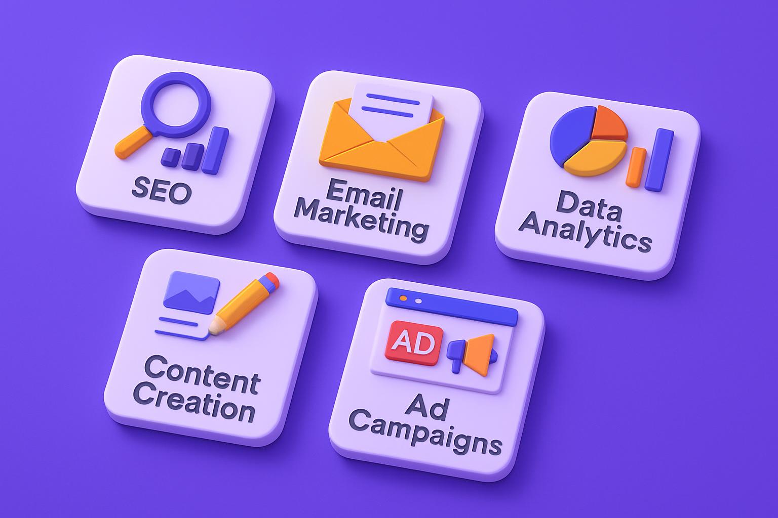 Năm biểu tượng 3D cho các dịch vụ quản lý tăng trưởng kỹ thuật số: SEO, Email Marketing, Phân tích dữ liệu, Sáng tạo nội dung, Quảng cáo.