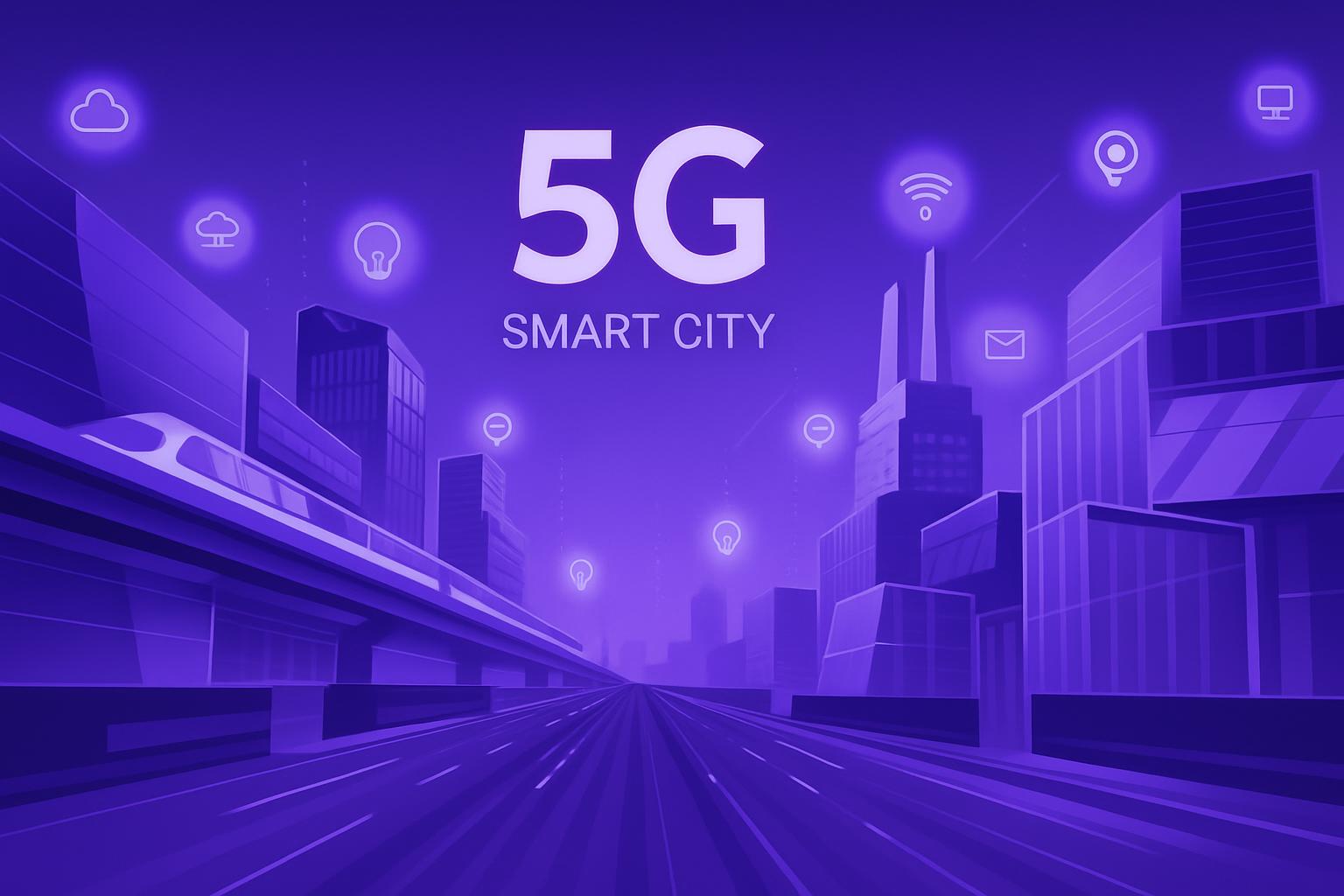 Hình ảnh đồ họa thành phố thông minh 5G với các tòa nhà hiện đại, tàu cao tốc và các biểu tượng công nghệ kết nối.