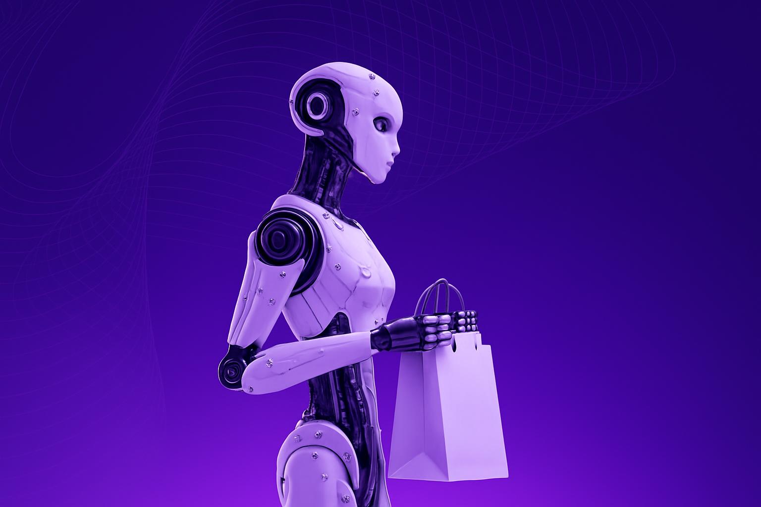 Một robot hình người với thiết kế hiện đại, bóng bẩy đang cầm một chiếc túi mua sắm.