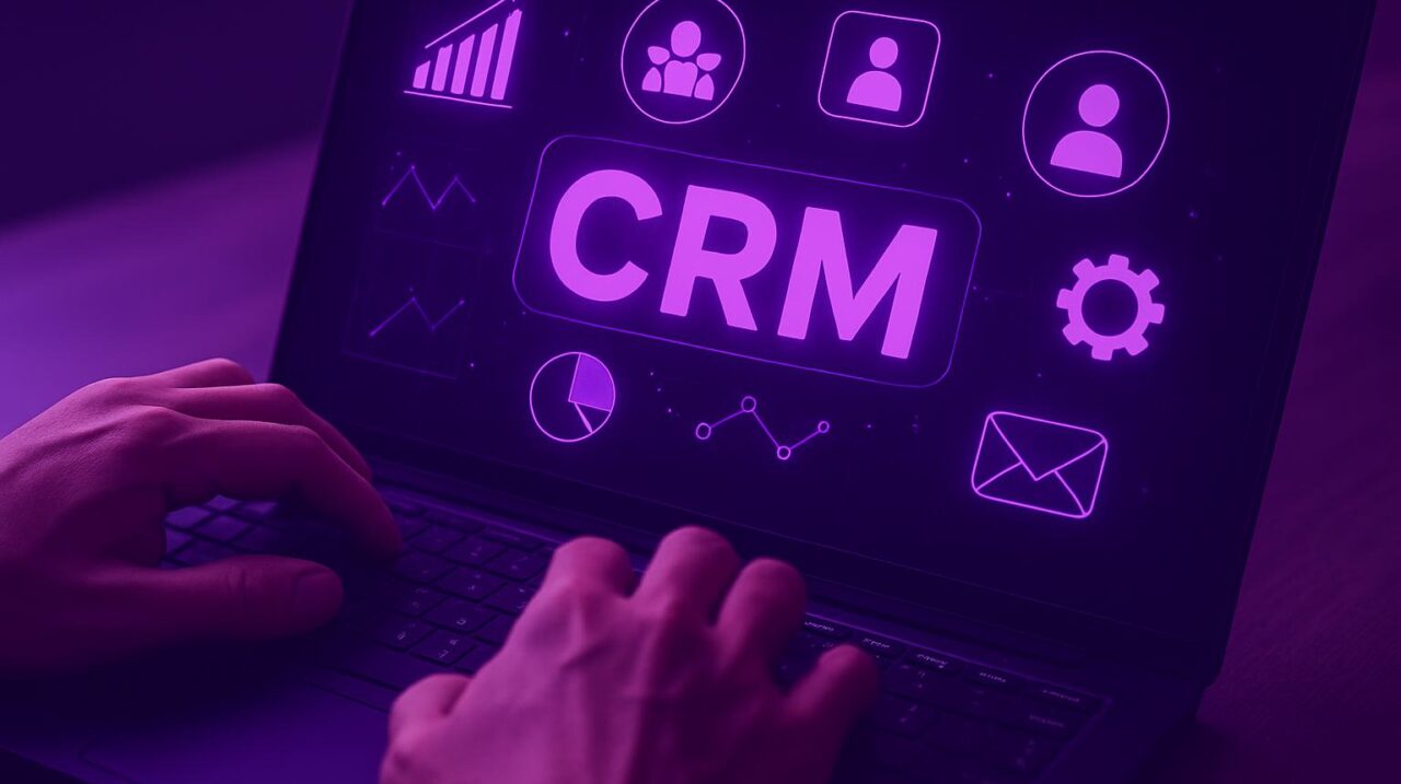 Màn hình laptop hiển thị giao diện phần mềm CRM với các biểu tượng tự động hóa marketing cho doanh nghiệp.