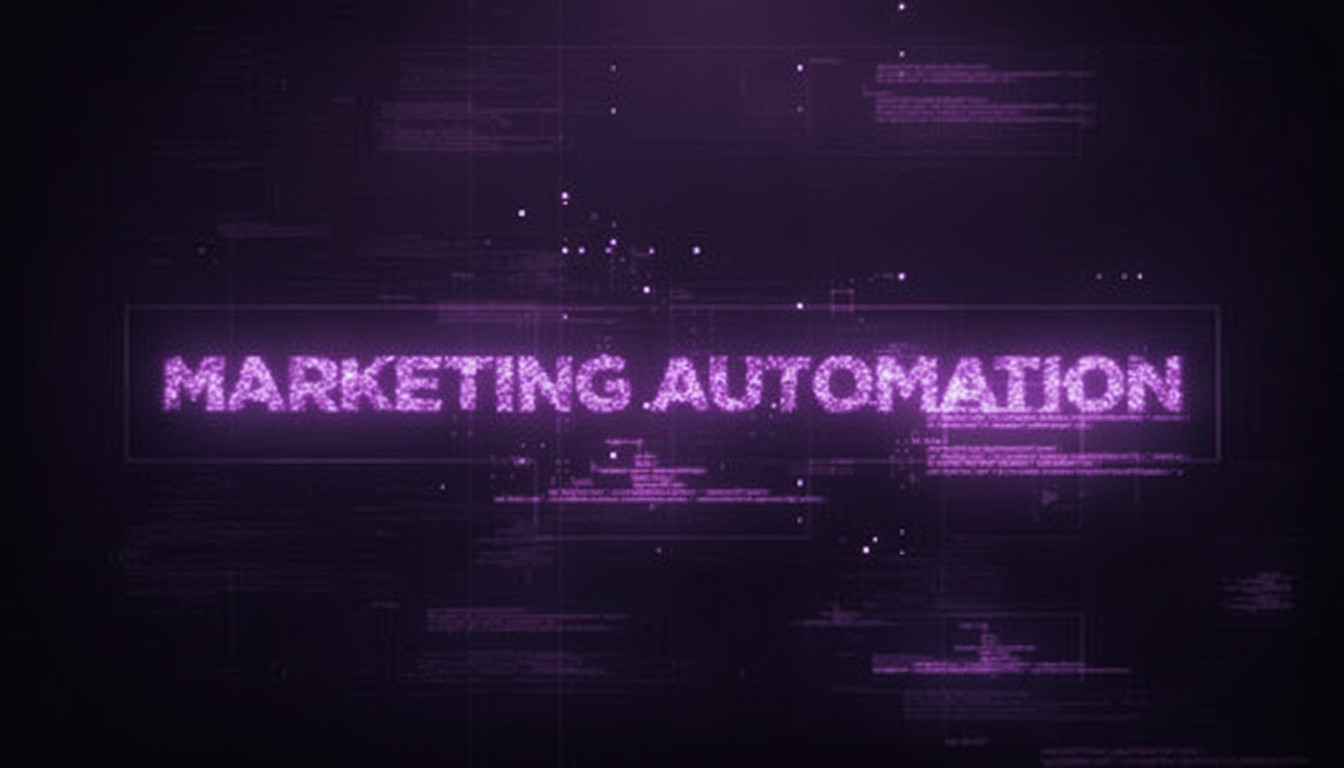 Dòng chữ MARKETING AUTOMATION kỹ thuật số với hiệu ứng hạt lấp lánh, được đóng trong một khung hình chữ nhật.
