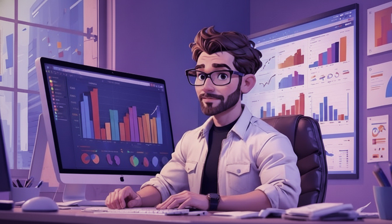 Một chuyên gia marketing đang ngồi tại bàn làm việc và phân tích các biểu đồ dữ liệu trên màn hình máy tính để xây dựng chiến lược.
