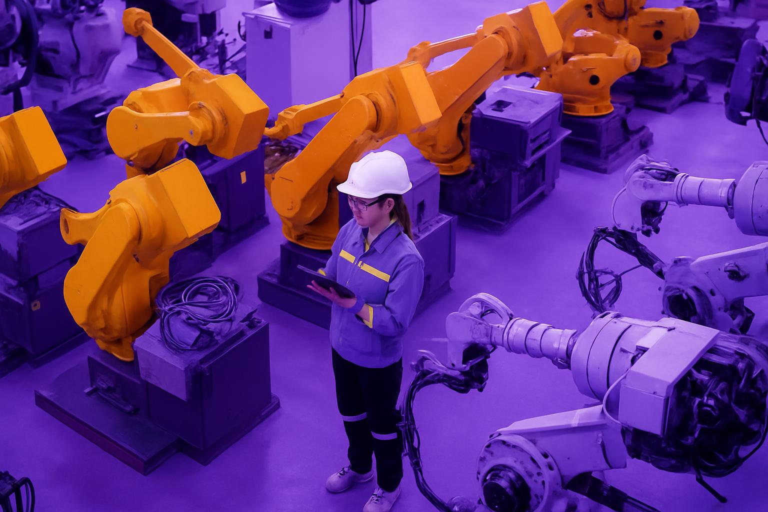 Một nữ kỹ sư đang sử dụng máy tính bảng để điều khiển hệ thống các cánh tay robot công nghiệp trong một nhà máy hiện đại.