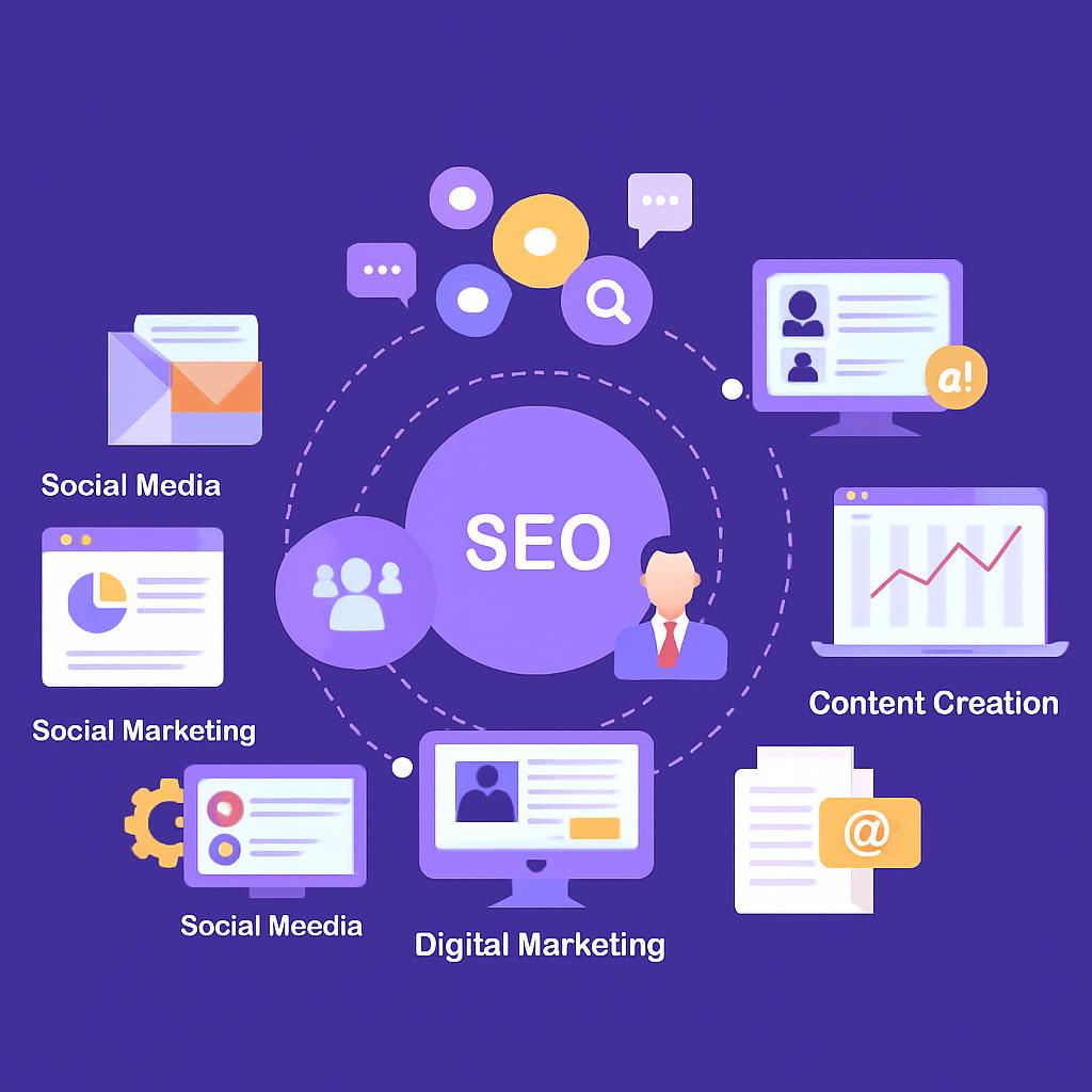 Sơ đồ infographic các yếu tố Digital Marketing như SEO, Social Media, Content Creation, xoay quanh một trung tâm.