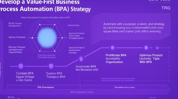 Siêu dữ liệu hình ảnh bị biến dạng và mờ, khó đọc các nội dung cụ thể; tuy nhiên, hình ảnh thể hiện quy trình tự động hóa theo chiến lược BPA trong kinh doanh, với các giai đoạn và biểu đồ đồ họa mô tả các bước tiến hành.