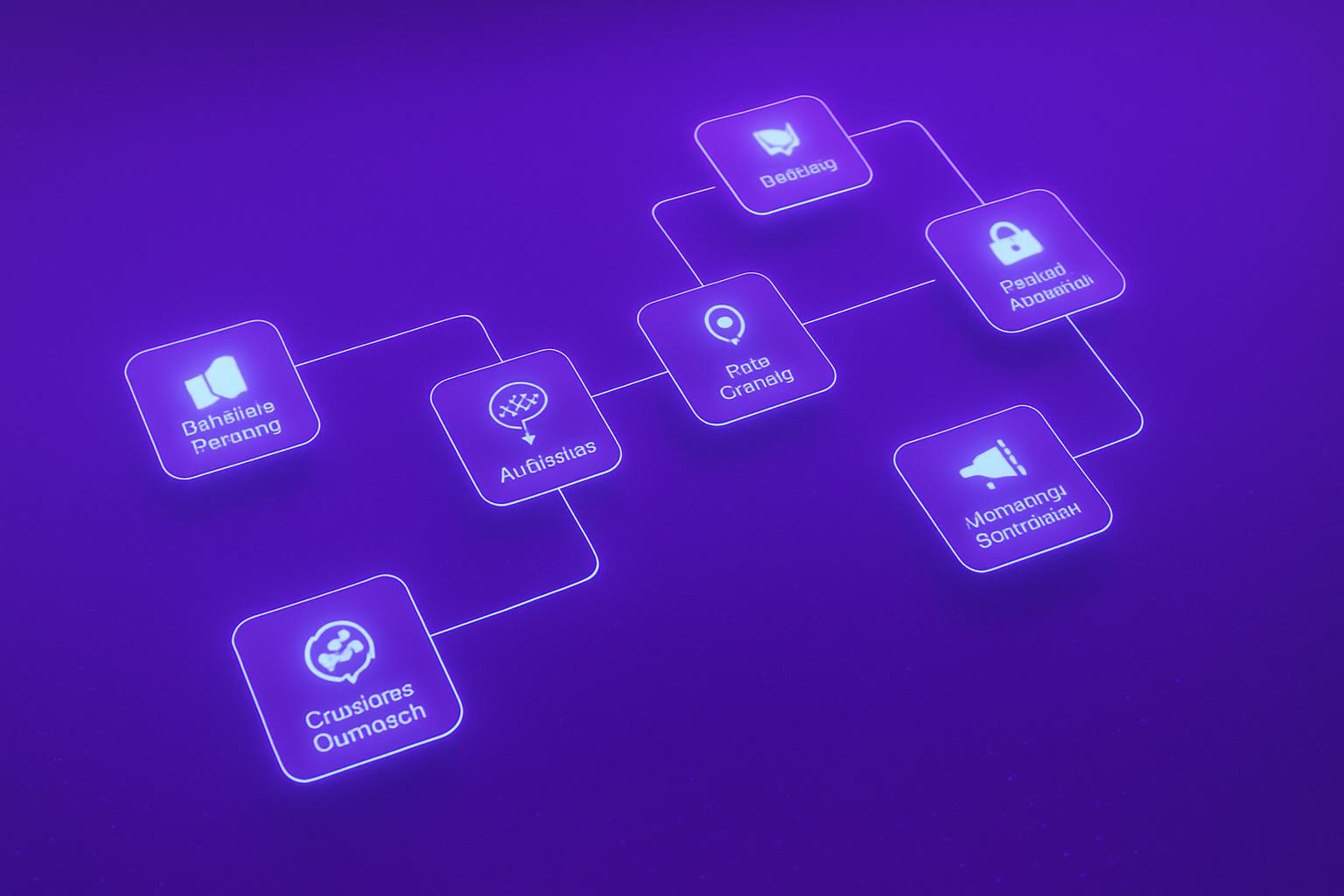 Sơ đồ khối mô tả các bước và ứng dụng tự động hóa trong doanh nghiệp với các biểu tượng minh họa.