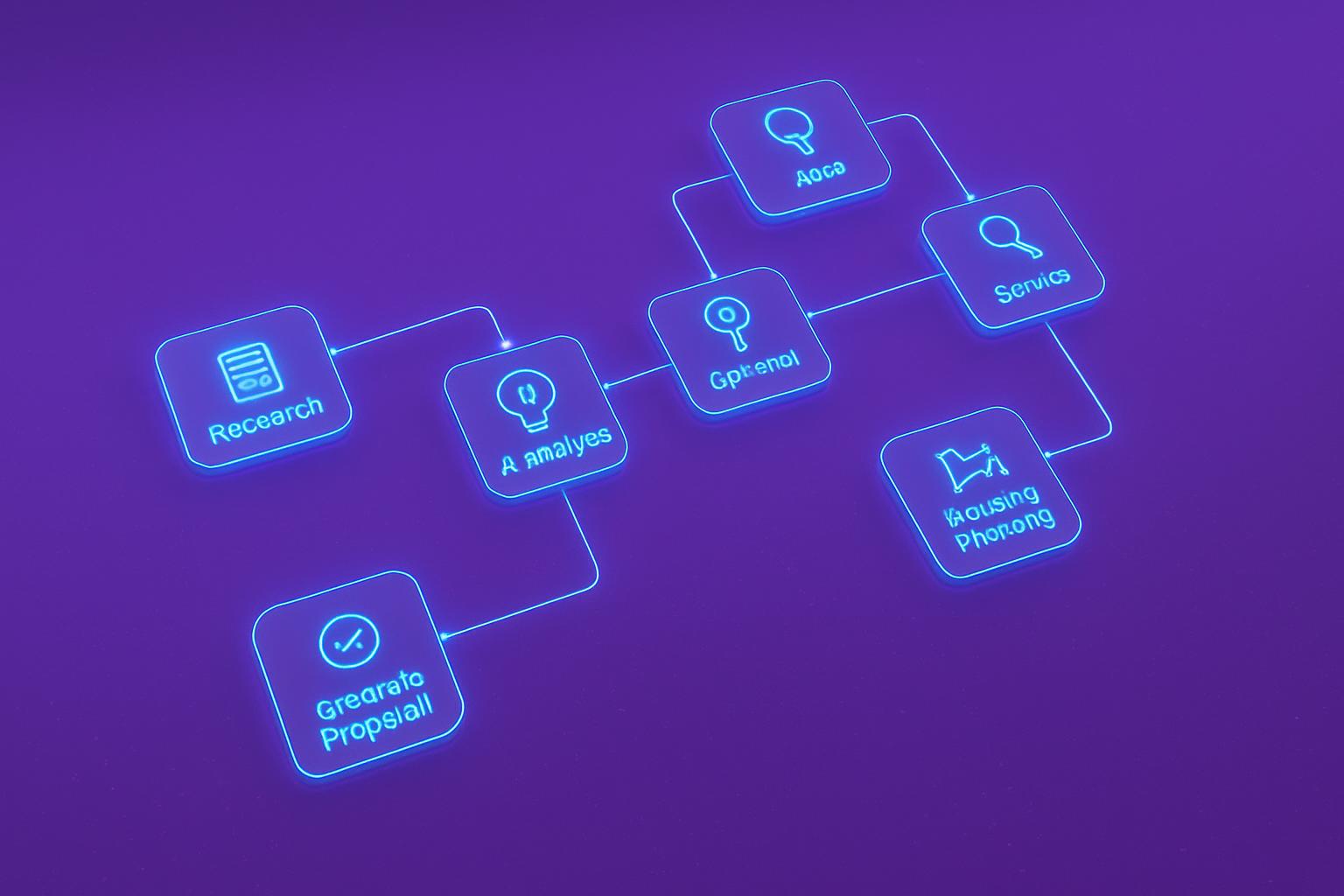 Sơ đồ khối mô tả một quy trình tự động hóa với các biểu tượng và các bước được kết nối với nhau.