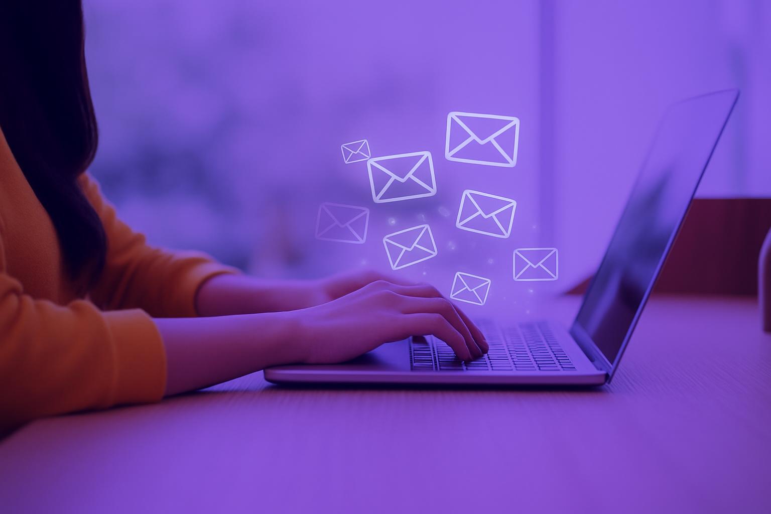 Một người đang sử dụng laptop để gửi đi các email tự động, được minh họa bằng các biểu tượng email bay ra từ màn hình.