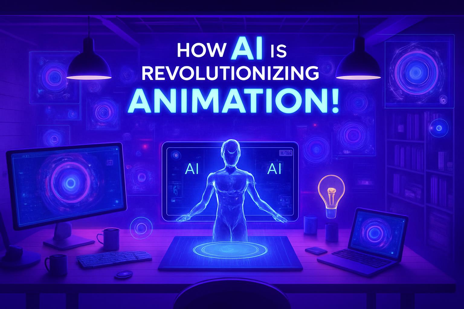 AI Cách Mạng Hóa Marketing Hoạt Hình Không gian làm việc công nghệ cao với hình ảnh AI 3D, màn hình và các thiết bị thể hiện công nghệ tự động hóa marketing.