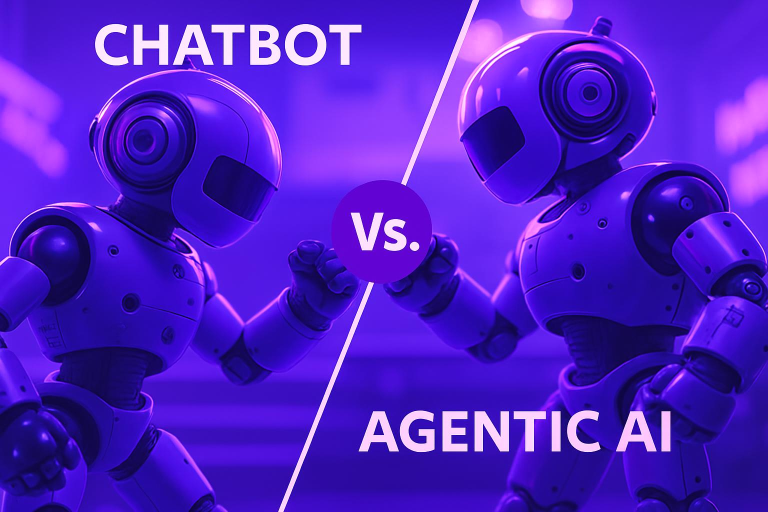 Lời chào thân thiện giữa hai robot trong tranh, phân chia thành hai bên rõ ràng, thể hiện cuộc đối đầu giữa Chatbot và AI Agental, trong môi trường màu tím đậm, mang phong cách công nghệ cao và hiện đại.