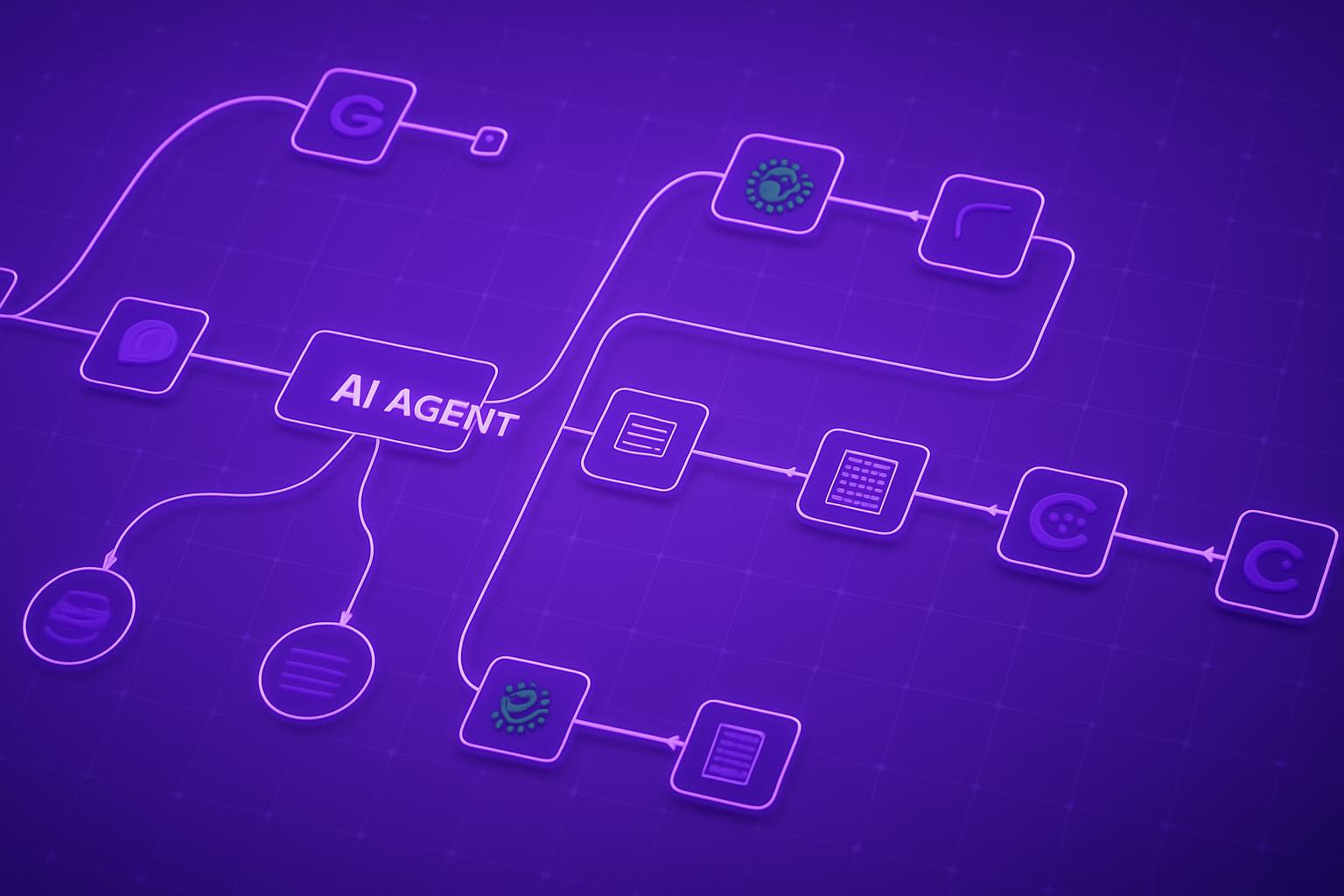 Sơ đồ luồng công việc với AI AGENT ở trung tâm, kết nối các biểu tượng quy trình để tự động hóa.