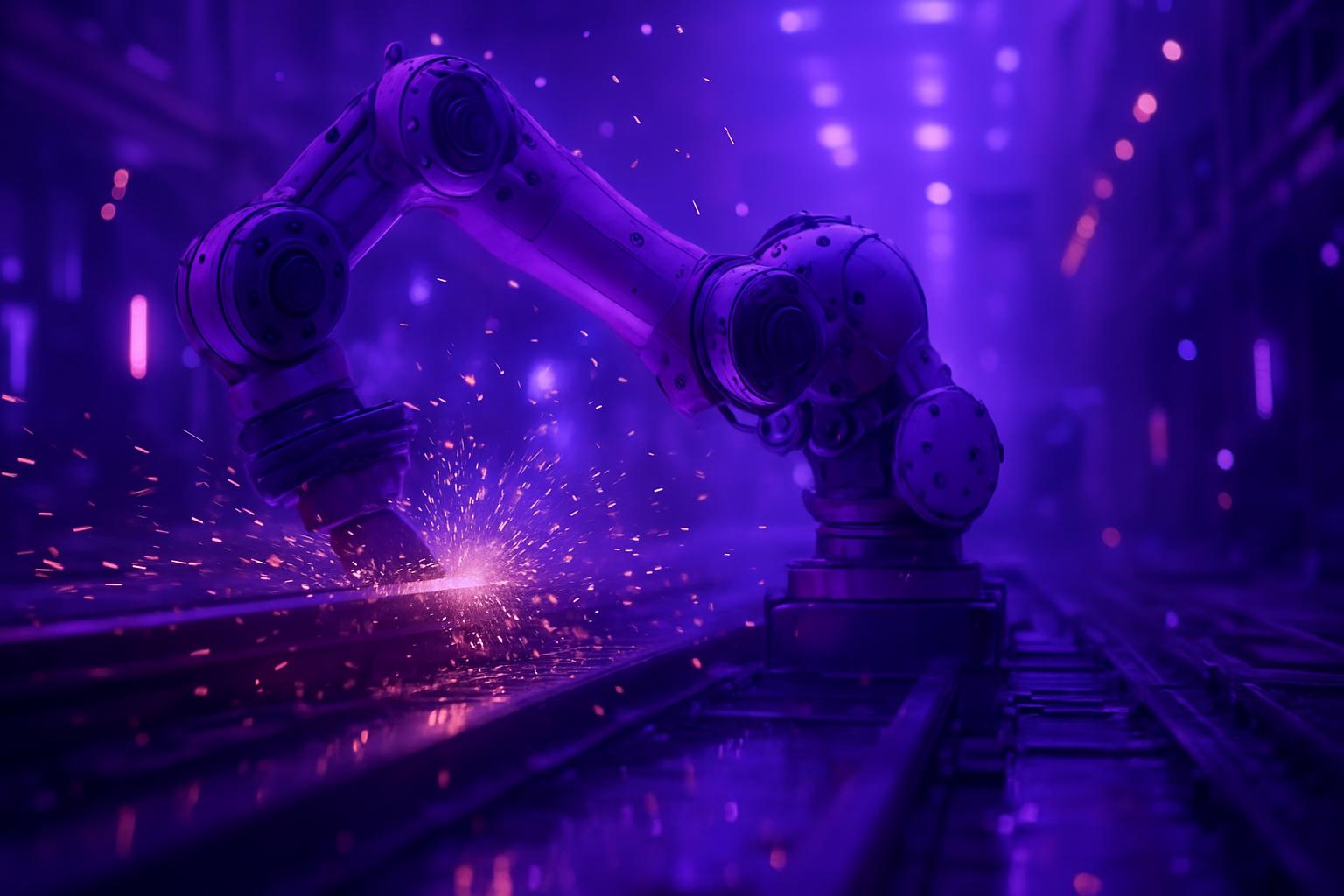 Cận cảnh cánh tay robot công nghiệp đang thực hiện công việc hàn chính xác trên một đường ray kim loại trong nhà máy sản xuất.