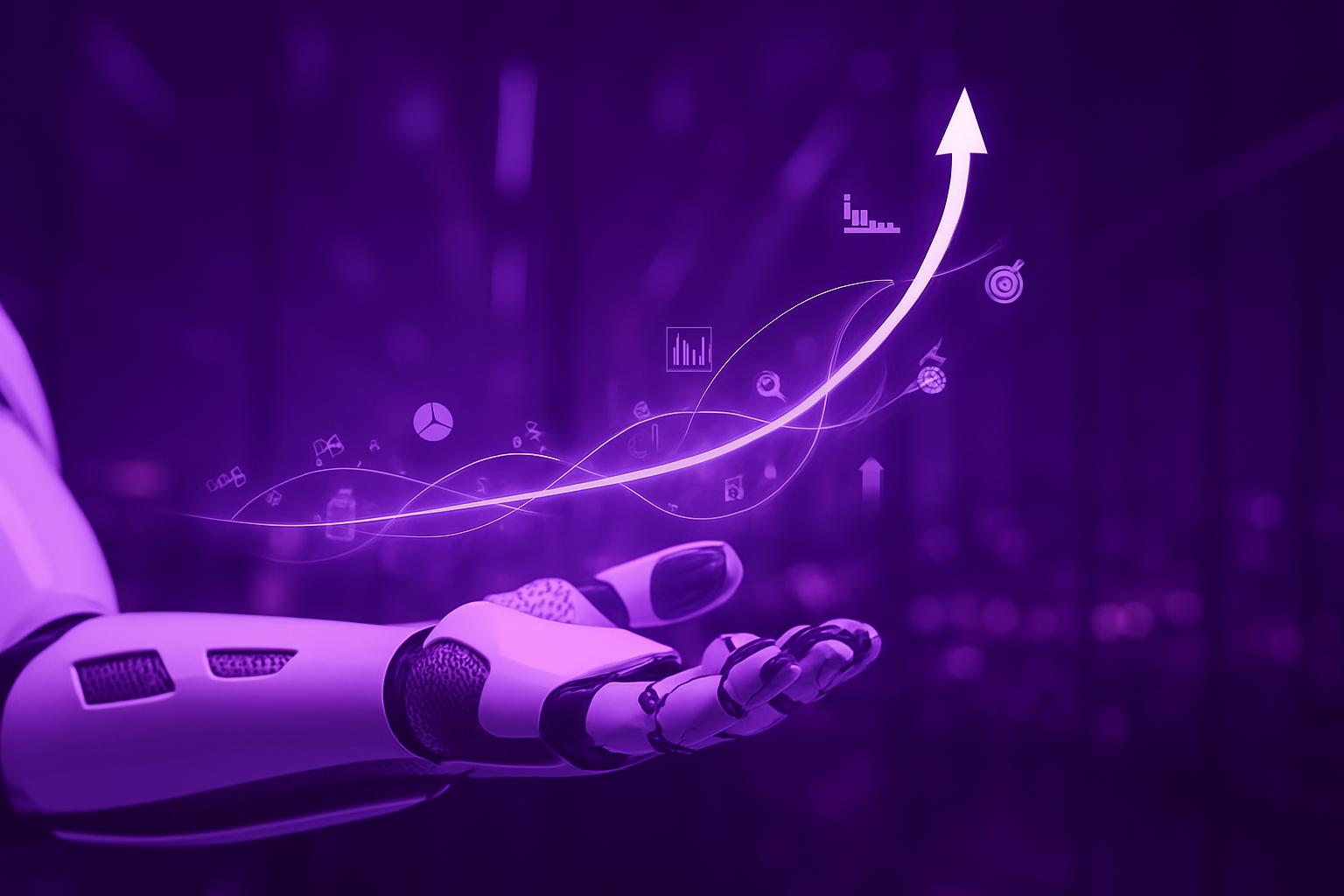 Cánh tay robot đang nâng một biểu đồ tăng trưởng kỹ thuật số phát sáng với các biểu tượng dữ liệu và mũi tên hướng lên.