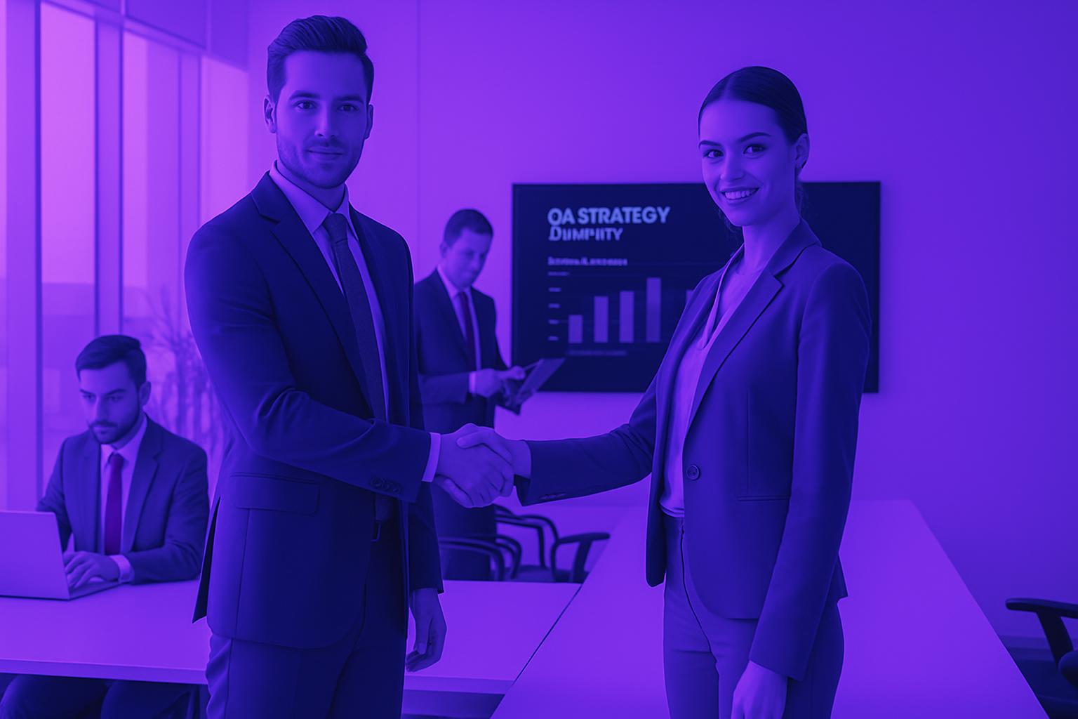 Đối tác nam và nữ bắt tay, ký kết hợp đồng thành công cho một công ty digital marketing.