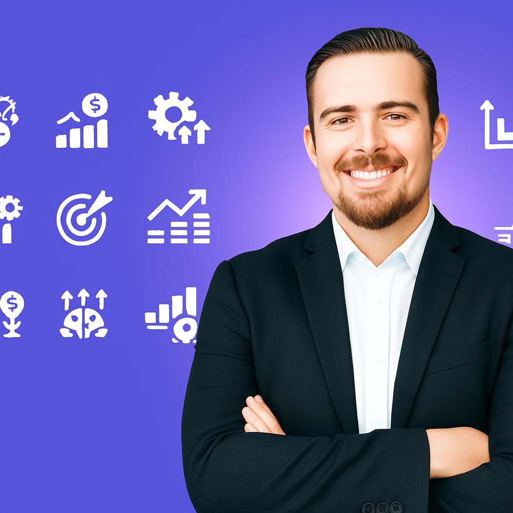 Tông nền màu tím, biểu tượng đồ họa tăng trưởng và chiến lược marketing kỹ thuật số gửi đến hình ảnh người đàn ông thành đạt, tự tin trong bộ vest đen, thể hiện sự chuyên nghiệp trong lĩnh vực digital marketing agency cho doanh nghiệp tại vaqdigital.com.