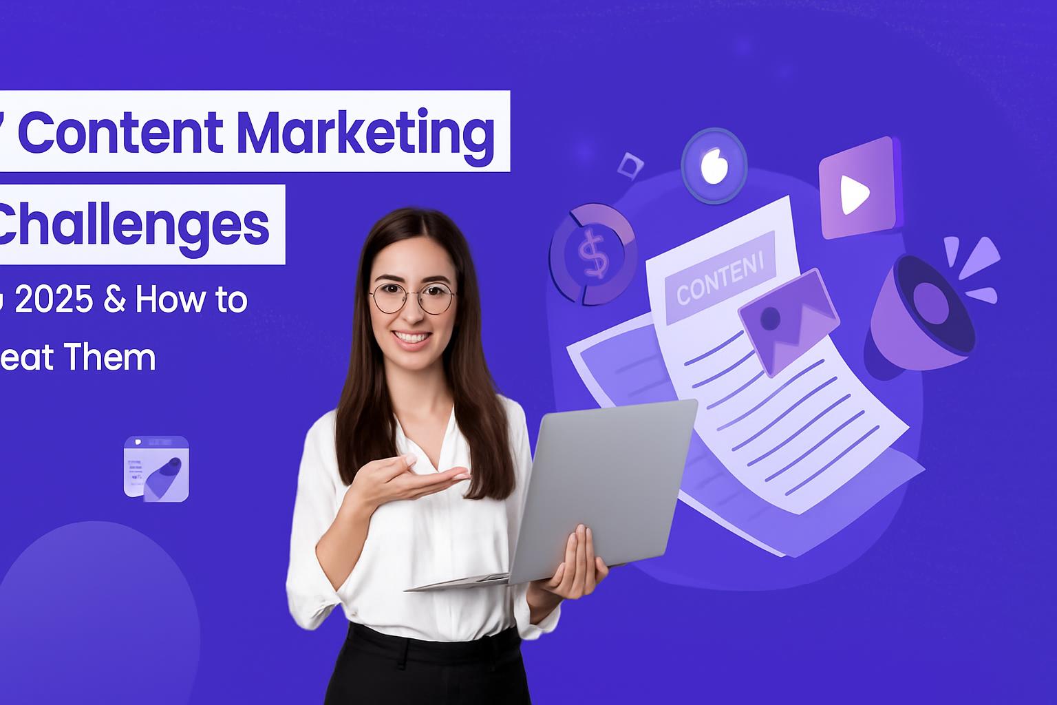 Một người phụ nữ làm trong một digital marketing agency chuyên nghiệp cầm laptop, mỉm cười và thuyết trình.