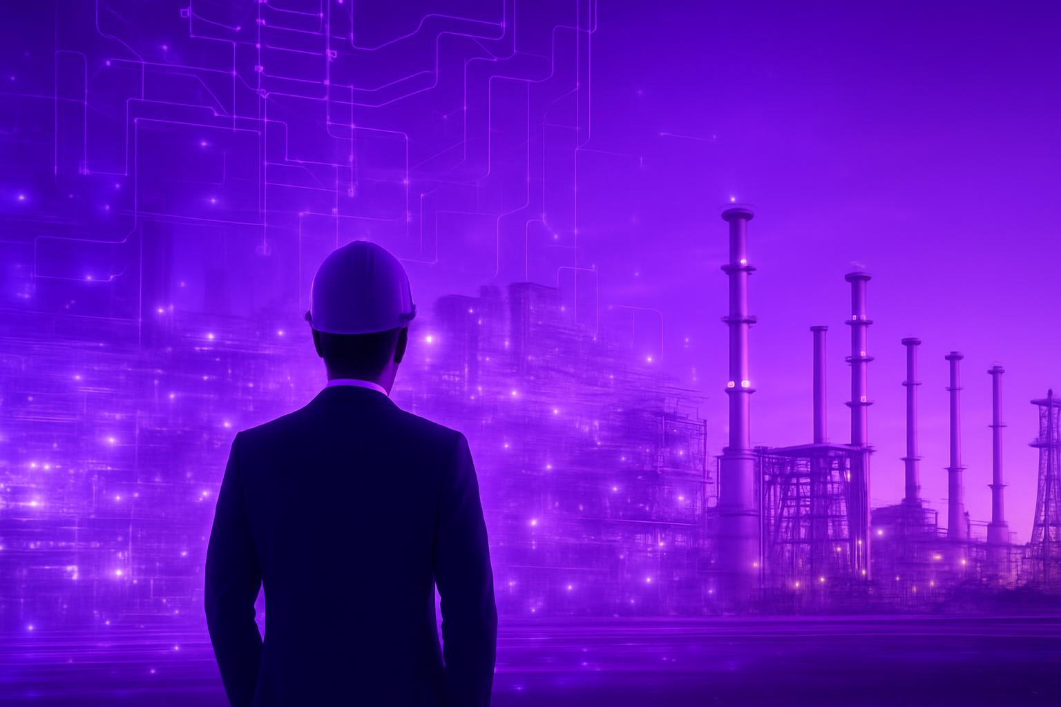 Kỹ sư đội mũ bảo hộ đứng giám sát một nhà máy công nghiệp với mạng lưới kỹ thuật số, minh họa cho việc triển khai tự động hóa quy trình nội bộ.