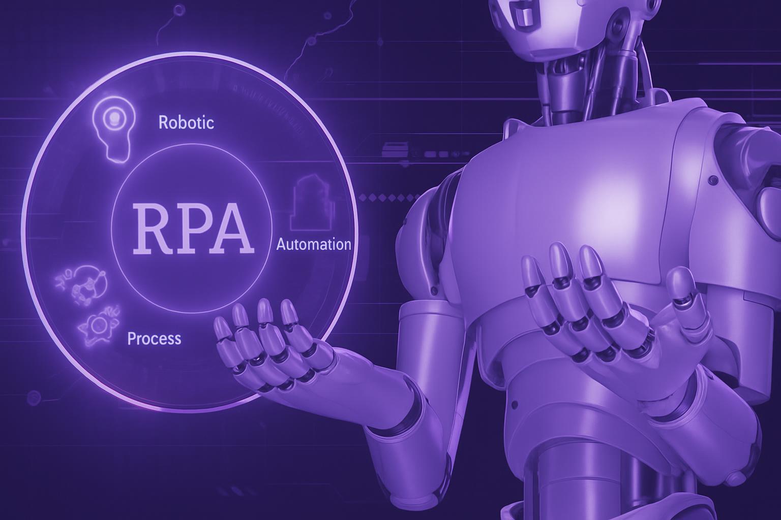 Tự Động Hóa Quy Trình Nội Bộ với Robot Robot hình người với giao diện đồ họa RPA, minh họa cho khái niệm tự động hóa quy trình nội bộ.