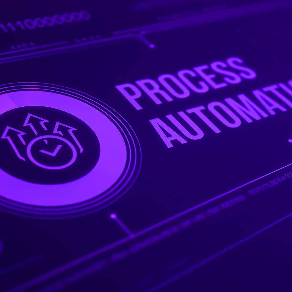 Giao diện đồ họa hiển thị văn bản 'PROCESS AUTOMATION' và một biểu tượng quy trình với đồng hồ và các mũi tên.