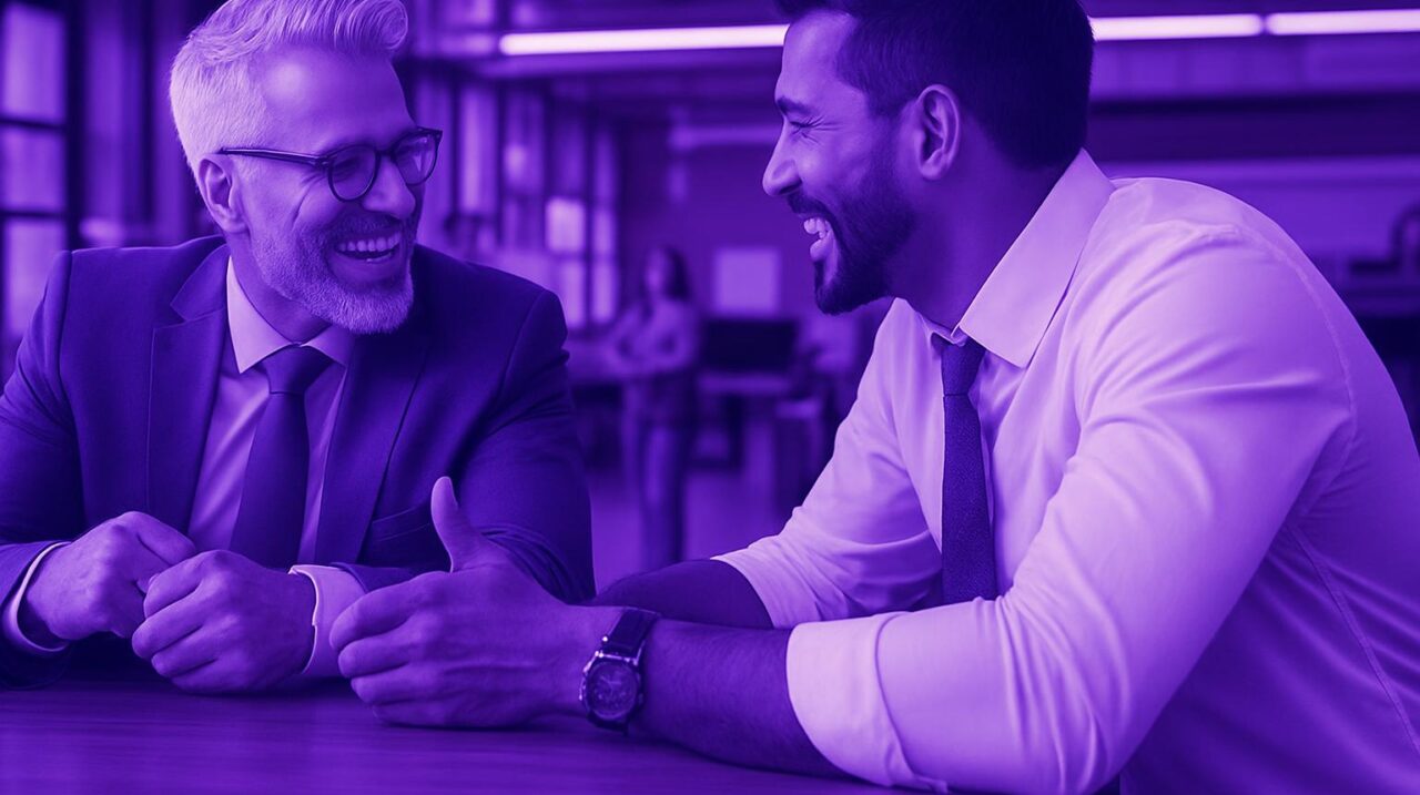 Hai doanh nhân đang thảo luận sôi nổi về việc cải tiến công nghệ dịch vụ, thể hiện sự hợp tác thành công.