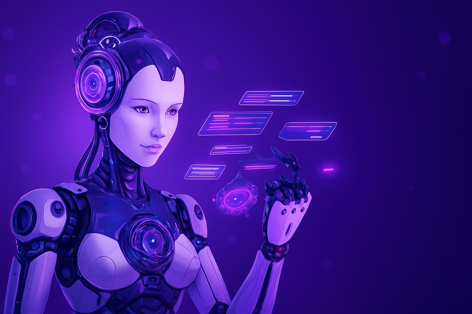Robot nữ hình người với thiết kế tương lai đang tương tác với một giao diện dữ liệu ảo để tối ưu hóa chiến dịch.