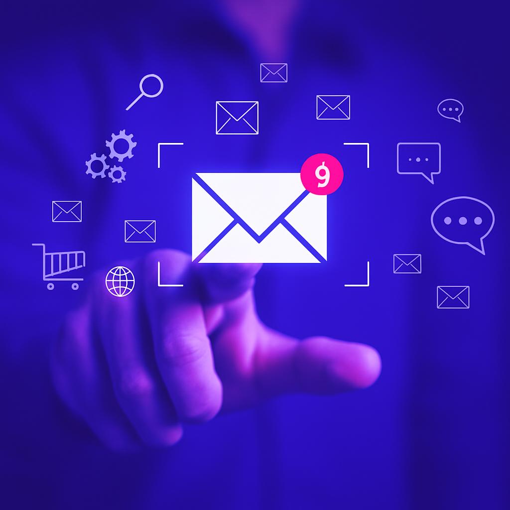 Chiến Lược Content Marketing Qua Email Biểu tượng email kỹ thuật số với thông báo số 9 và các icon vệ tinh như giỏ hàng, tin nhắn và tìm kiếm.