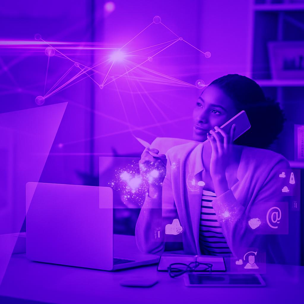 Một chuyên gia sử dụng các công cụ tự động hóa marketing với laptop, điện thoại và các biểu tượng kỹ thuật số.