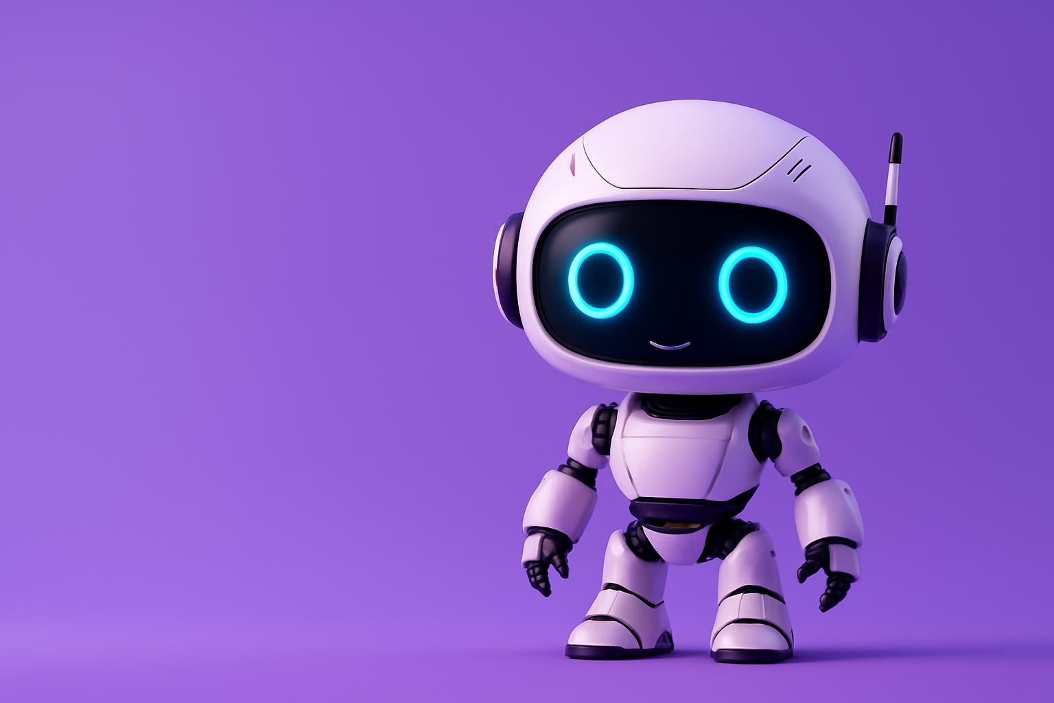 Robot Hỗ Trợ Chăm Sóc Khách Hàng Tự Động Một robot nhỏ màu trắng với đôi mắt tròn màu xanh lam phát sáng, đại diện cho tự động hóa chăm sóc khách hàng.