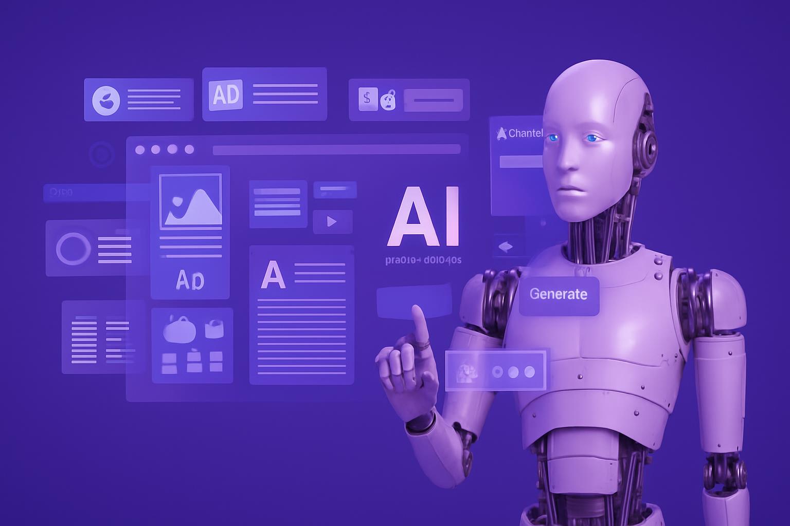 Robot hình người có các chi tiết cơ khí đang tương tác với giao diện kỹ thuật số để cải tiến quy trình dịch vụ, tượng trưng cho marketing automation tối ưu chi phí.