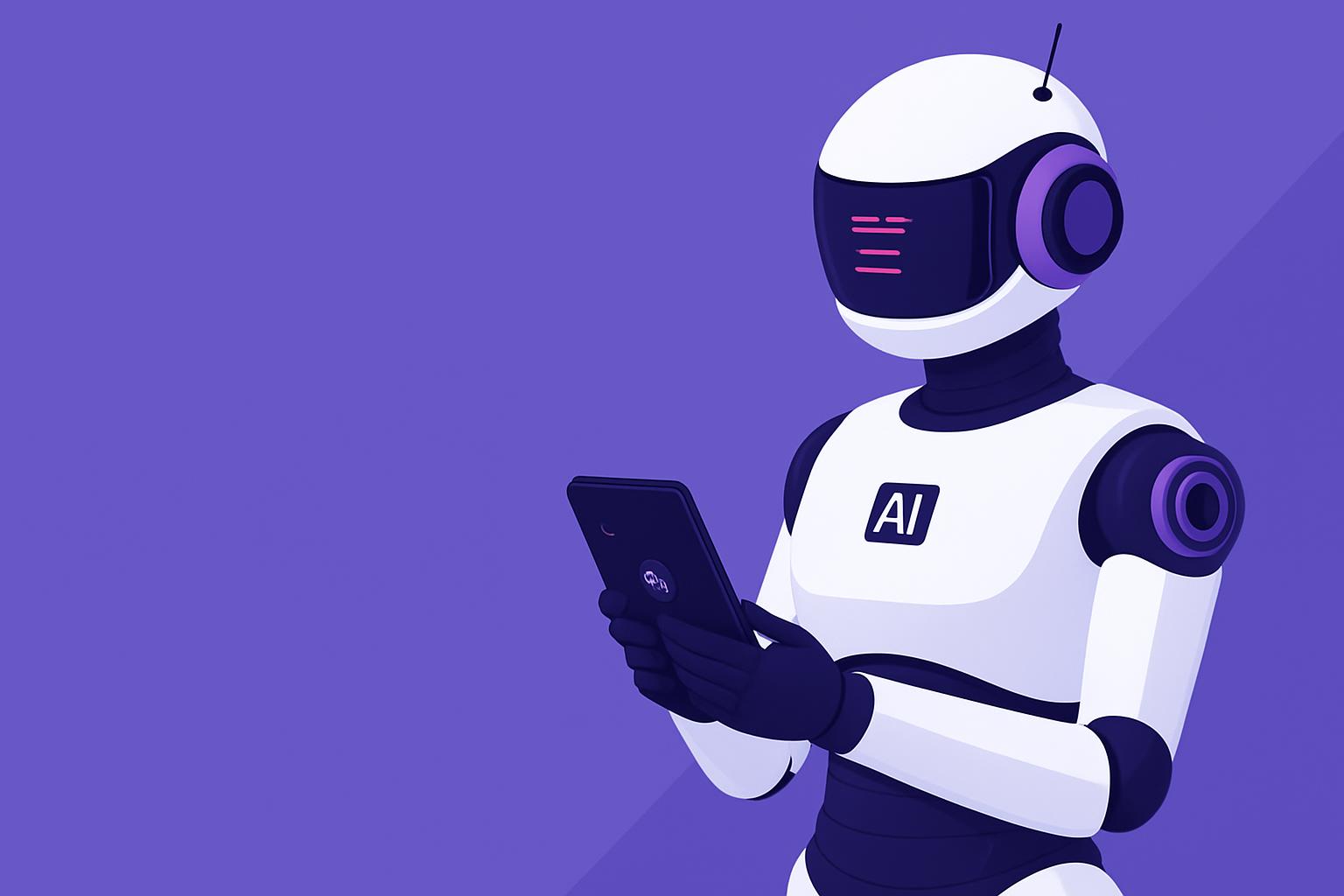 Robot AI Tự Động Hóa Chăm Sóc Khách Hàng Hình ảnh một robot AI hình người có thiết kế hiện đại, đang cầm một thiết bị di động, minh họa cho tự động hóa chăm sóc khách hàng.