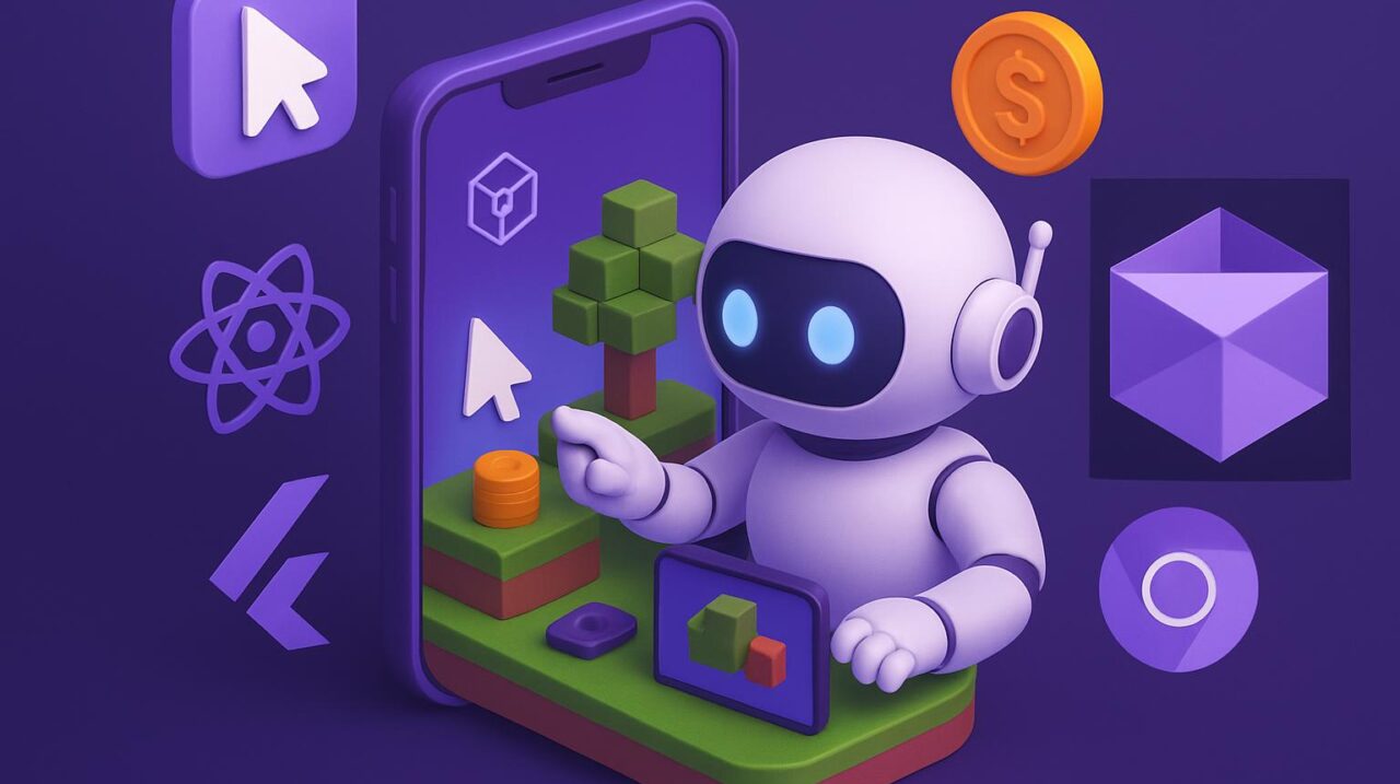 Robot trắng sử dụng công cụ tự động hóa để xây dựng thế giới ảo trên điện thoại, được bao quanh bởi các biểu tượng công nghệ.