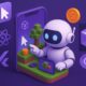 Robot trắng sử dụng công cụ tự động hóa để xây dựng thế giới ảo trên điện thoại, được bao quanh bởi các biểu tượng công nghệ.