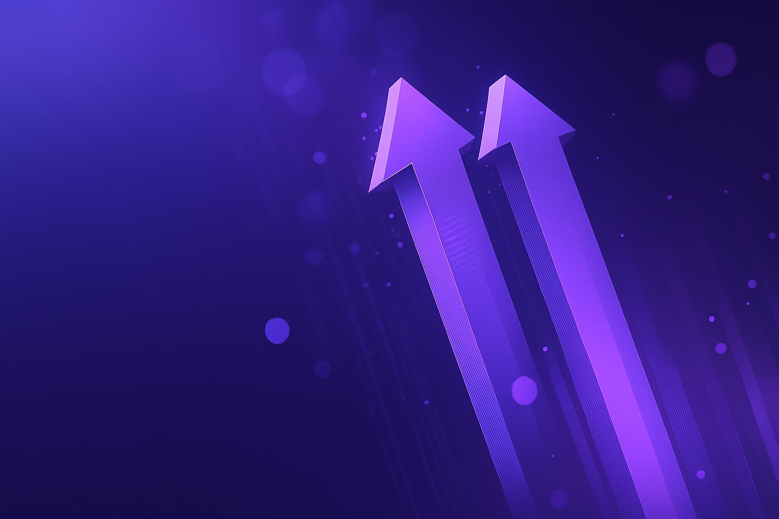 Tăng trưởng doanh số với trí tuệ nhân tạo và tự động hóa marketing. Hình ảnh các mũi tên màu tím hướng lên biểu thị sự phát triển vượt bậc trong kỷ nguyên số.