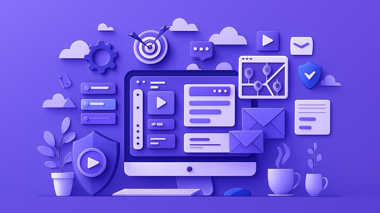 Mô hình 3D máy tính và các biểu tượng digital marketing, minh họa cho dịch vụ của một công ty digital marketing chuyên nghiệp.