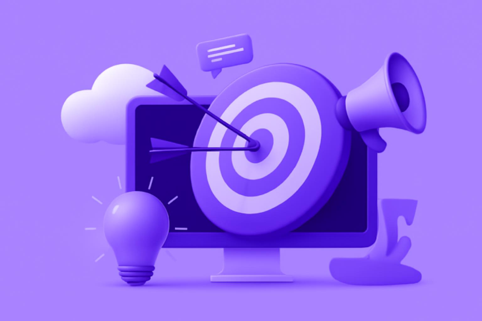 Minh họa các yếu tố của một chiến lược marketing kỹ thuật số: mục tiêu, máy tính, loa, bóng đèn và các biểu tượng khác.