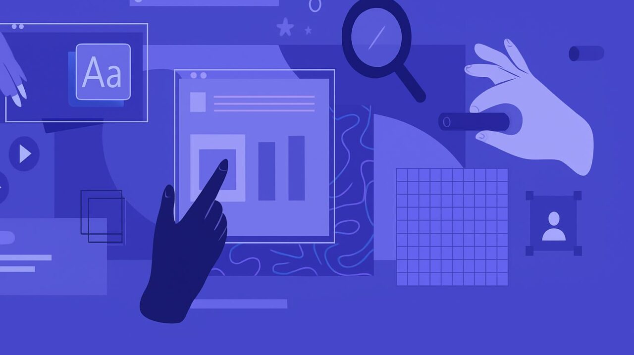 Hình ảnh minh họa các công cụ digital marketing với biểu tượng và tay thao tác.