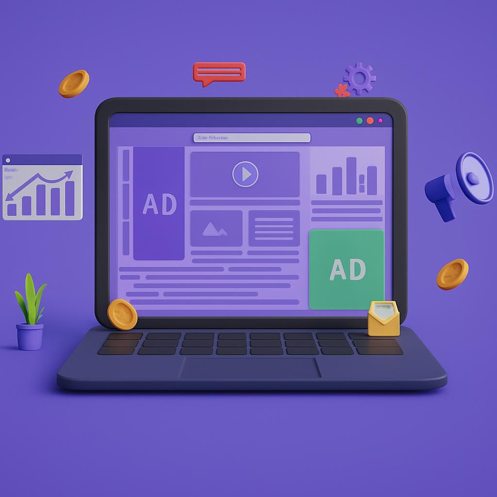 A modern laptop displaying digital marketing elements.