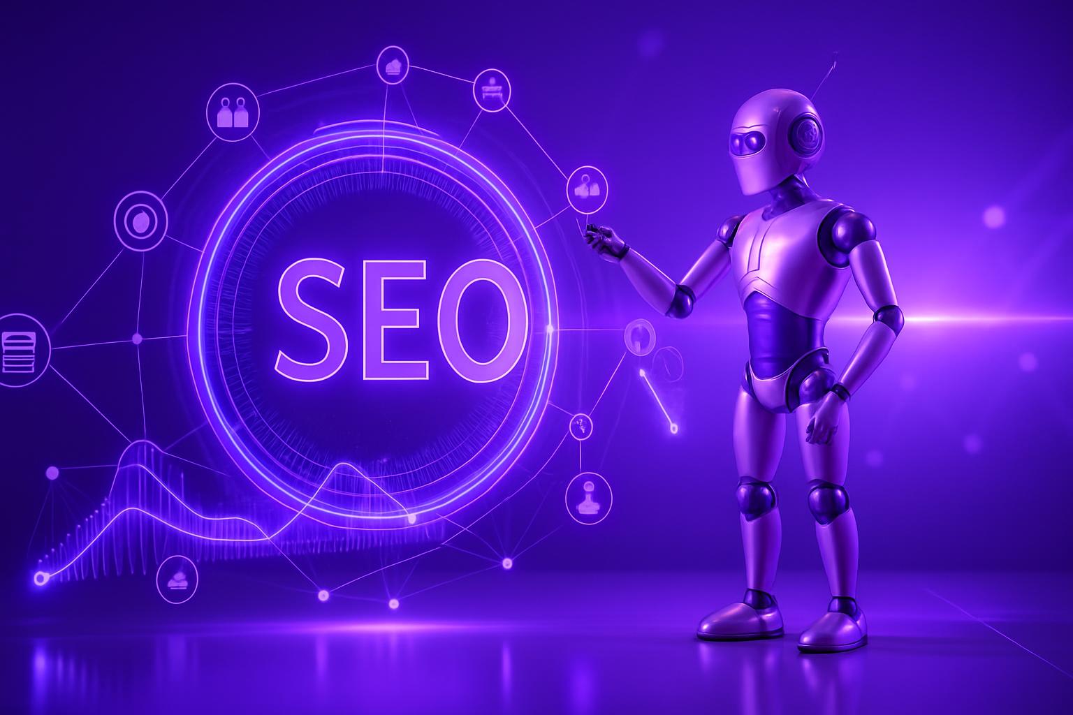 Tự Động Hóa Chiến Lược Marketing Online Robot hình người đang phân tích và tương tác với một giao diện kỹ thuật số hiển thị chữ SEO và các biểu đồ dữ liệu.