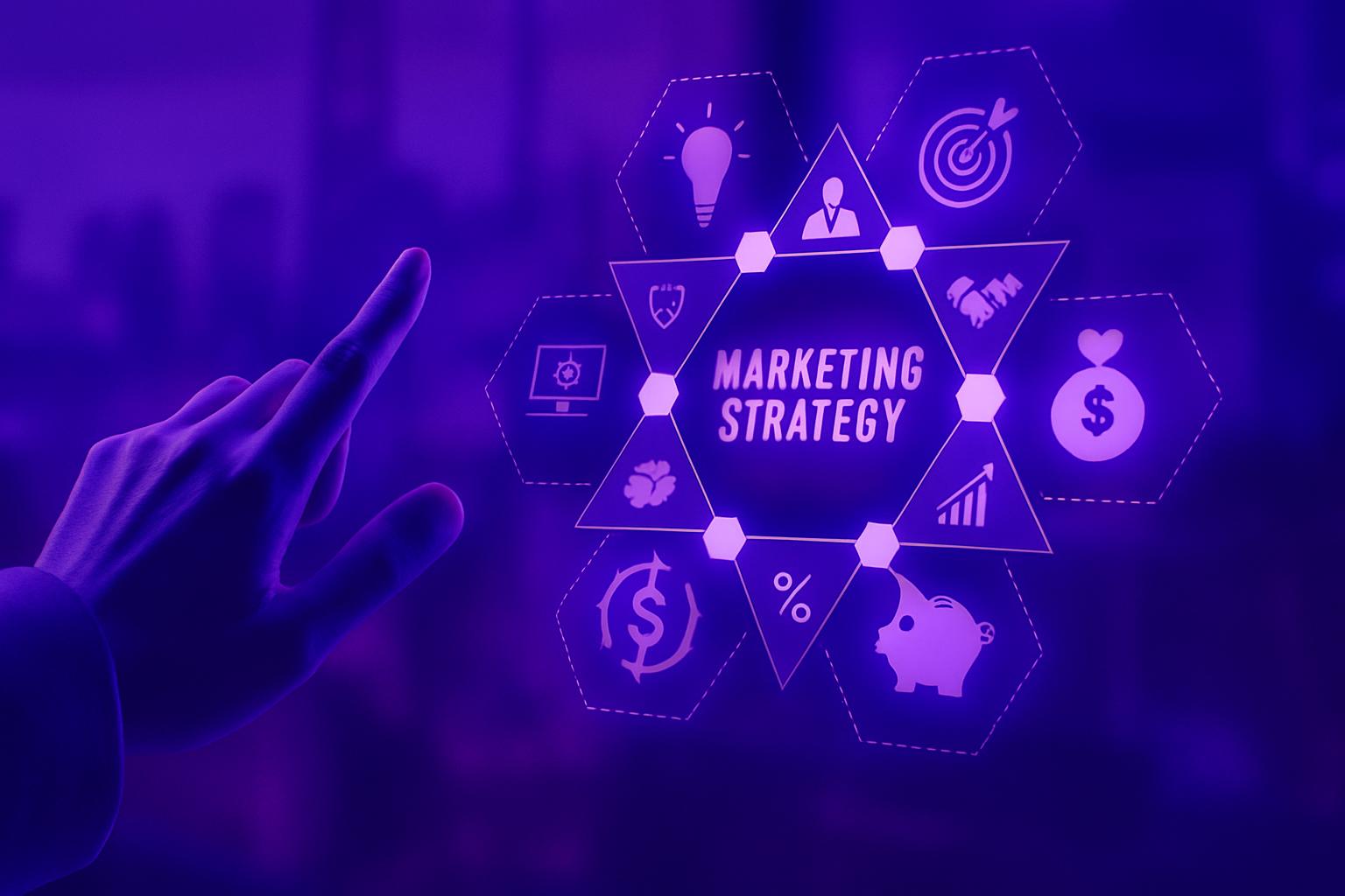 Sơ đồ chiến lược marketing online hiệu quả với các biểu tượng kết nối và bàn tay đang tương tác.