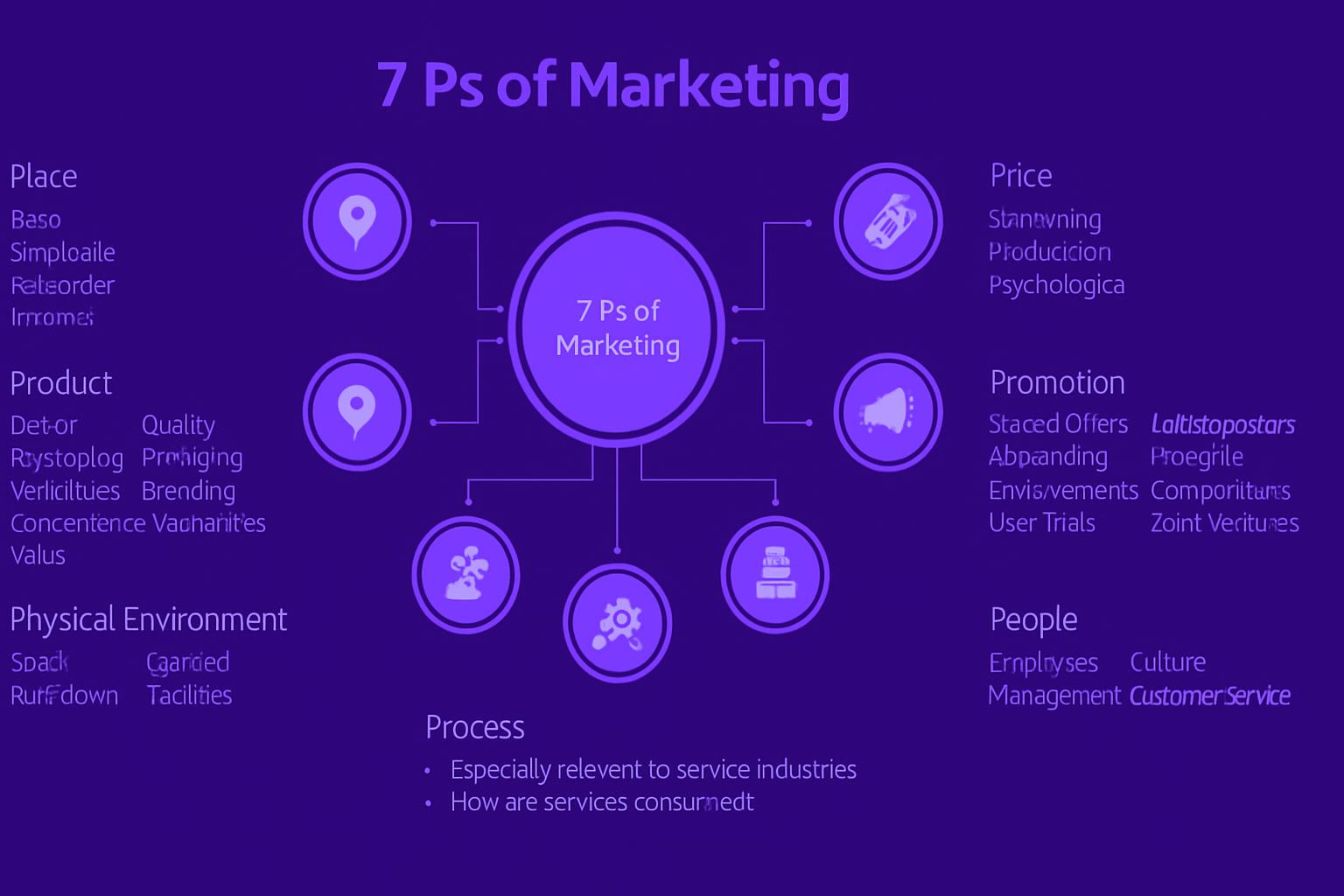 Sơ đồ tư duy mô hình 7P trong Marketing, thể hiện các yếu tố cốt lõi của một chiến lược kinh doanh toàn diện.