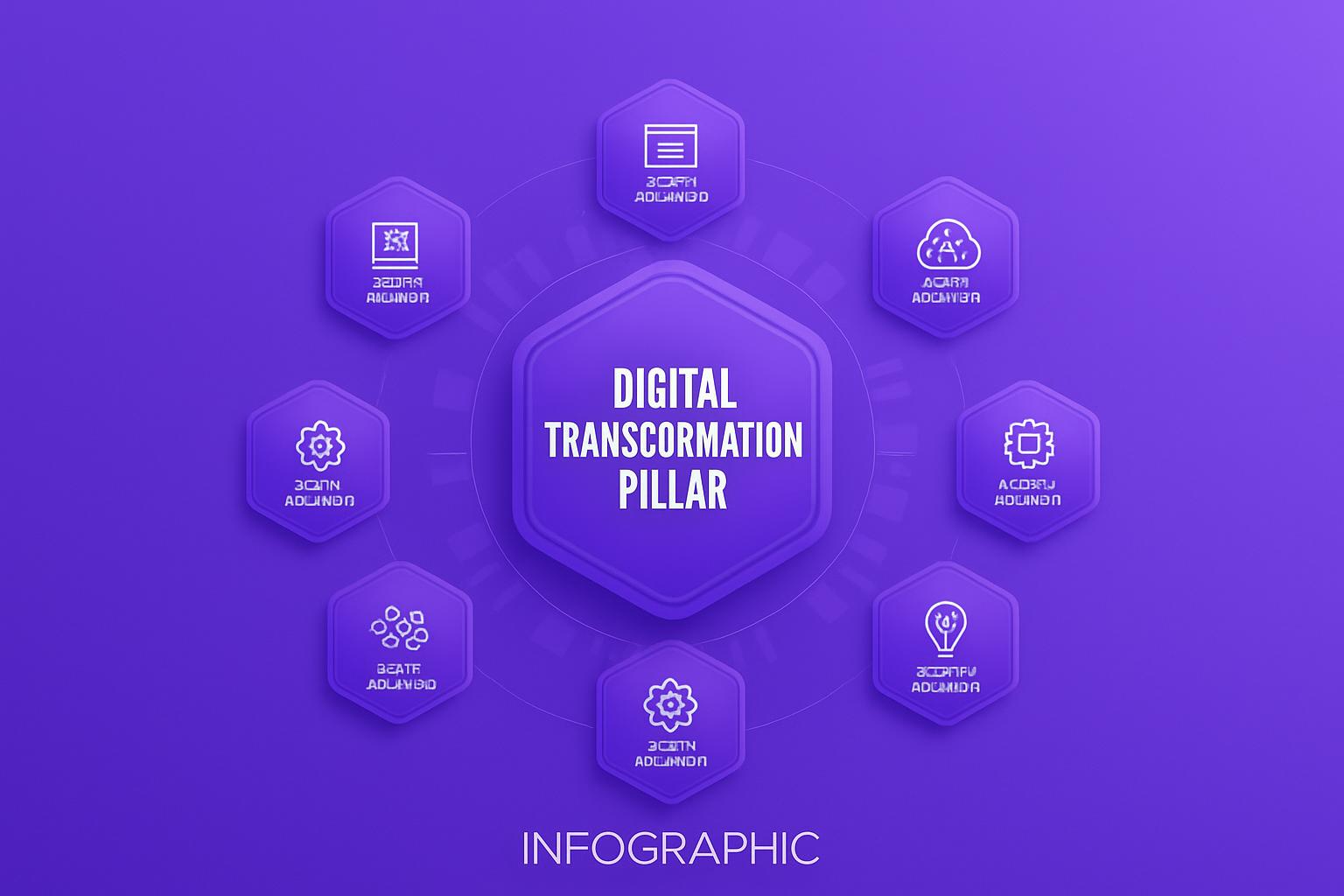 Đồ họa thông tin về các trụ cột chuyển đổi số, với một hình lục giác trung tâm và tám hình lục giác vệ tinh chứa biểu tượng.