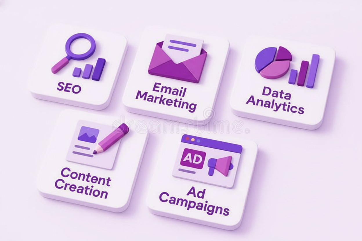 Phần Mềm Email Marketing Tự Động Hiệu Quả Năm biểu tượng 3D cho các thành phần marketing kỹ thuật số: SEO, Email Marketing, Phân tích dữ liệu, Sáng tạo nội dung, Quảng cáo.