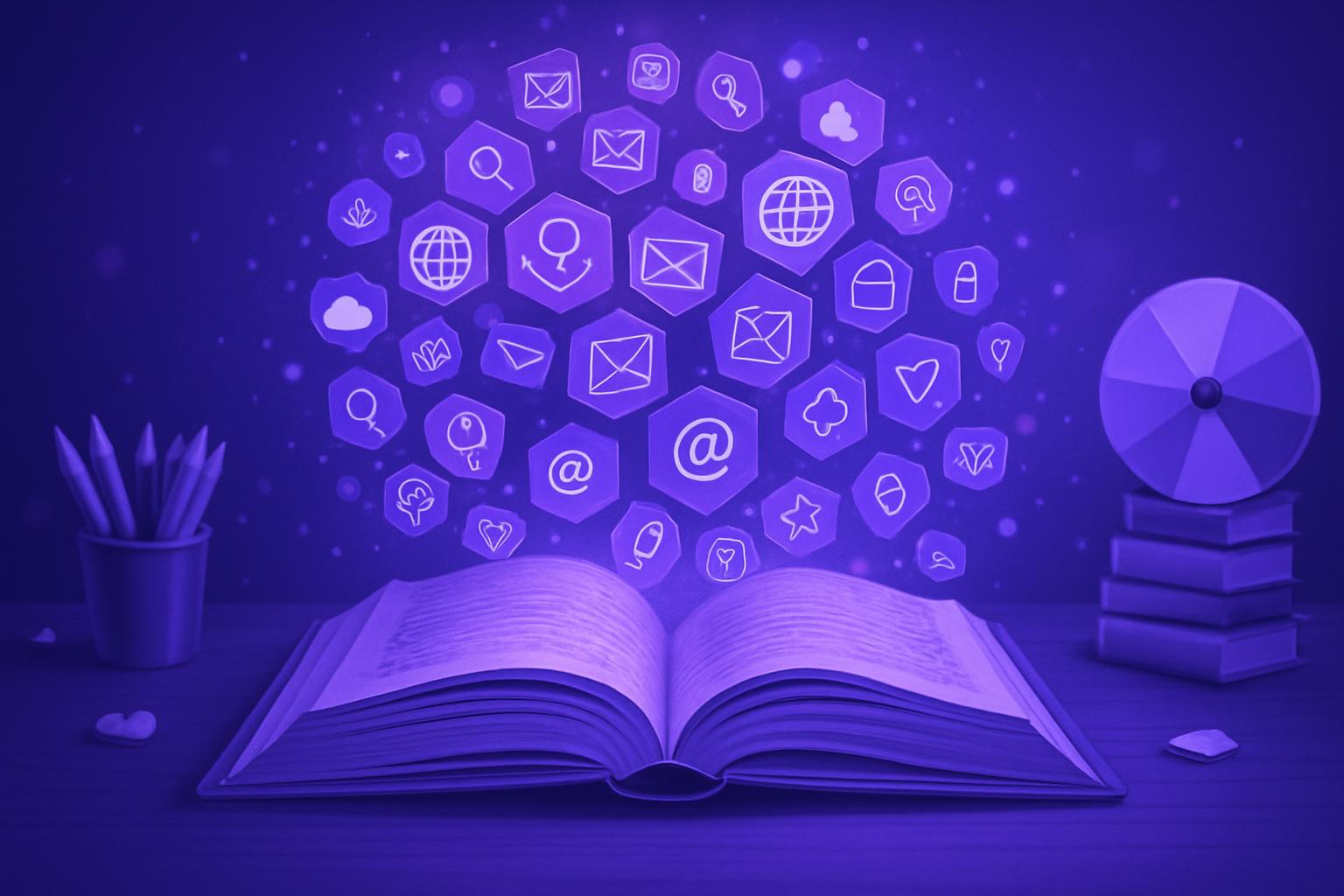 Sách mở ra các biểu tượng marketing kỹ thuật số, minh họa cho một chiến dịch quảng cáo online hiệu quả.