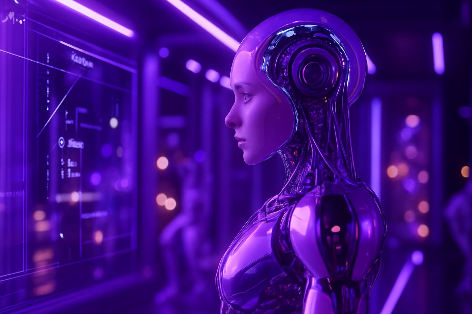 Cận cảnh một robot hình người với khuôn mặt giống thật và cấu trúc cơ khí phức tạp, một ứng dụng tự động hóa tiên tiến.