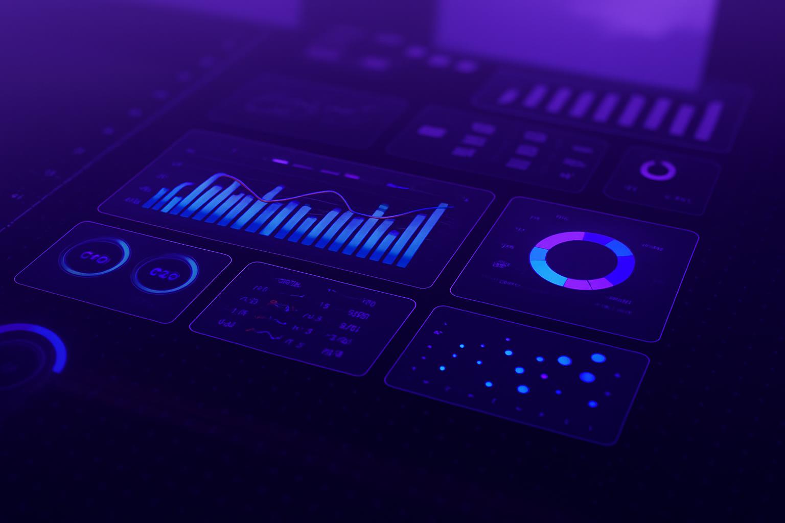 Giao diện bảng điều khiển kỹ thuật số với các biểu đồ và số liệu phân tích, thể hiện một quy trình tự động hóa phức tạp.