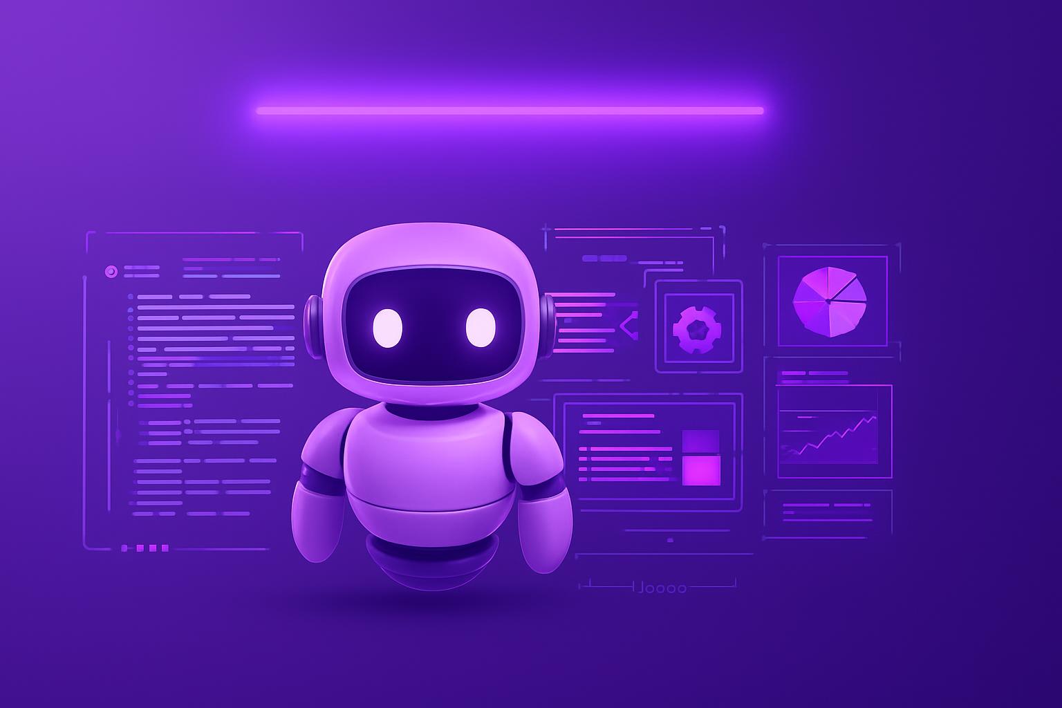 Một robot AI nhỏ gọn với thiết kế hiện đại, đầu tròn và đôi mắt phát sáng, tượng trưng cho sự tăng trưởng kỹ thuật số.