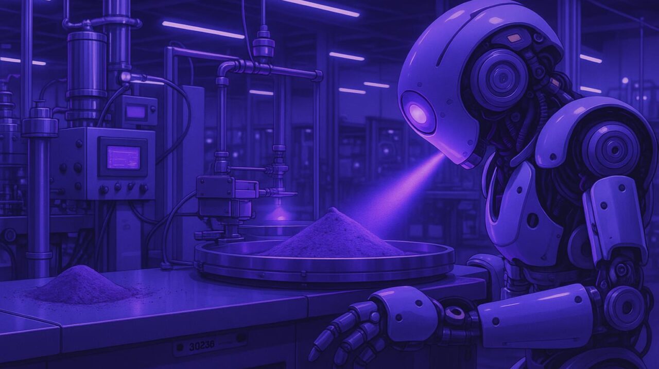 Robot công nghiệp hình người đang sử dụng cảm biến quang học để phân tích mẫu vật liệu dạng bột trong nhà máy.