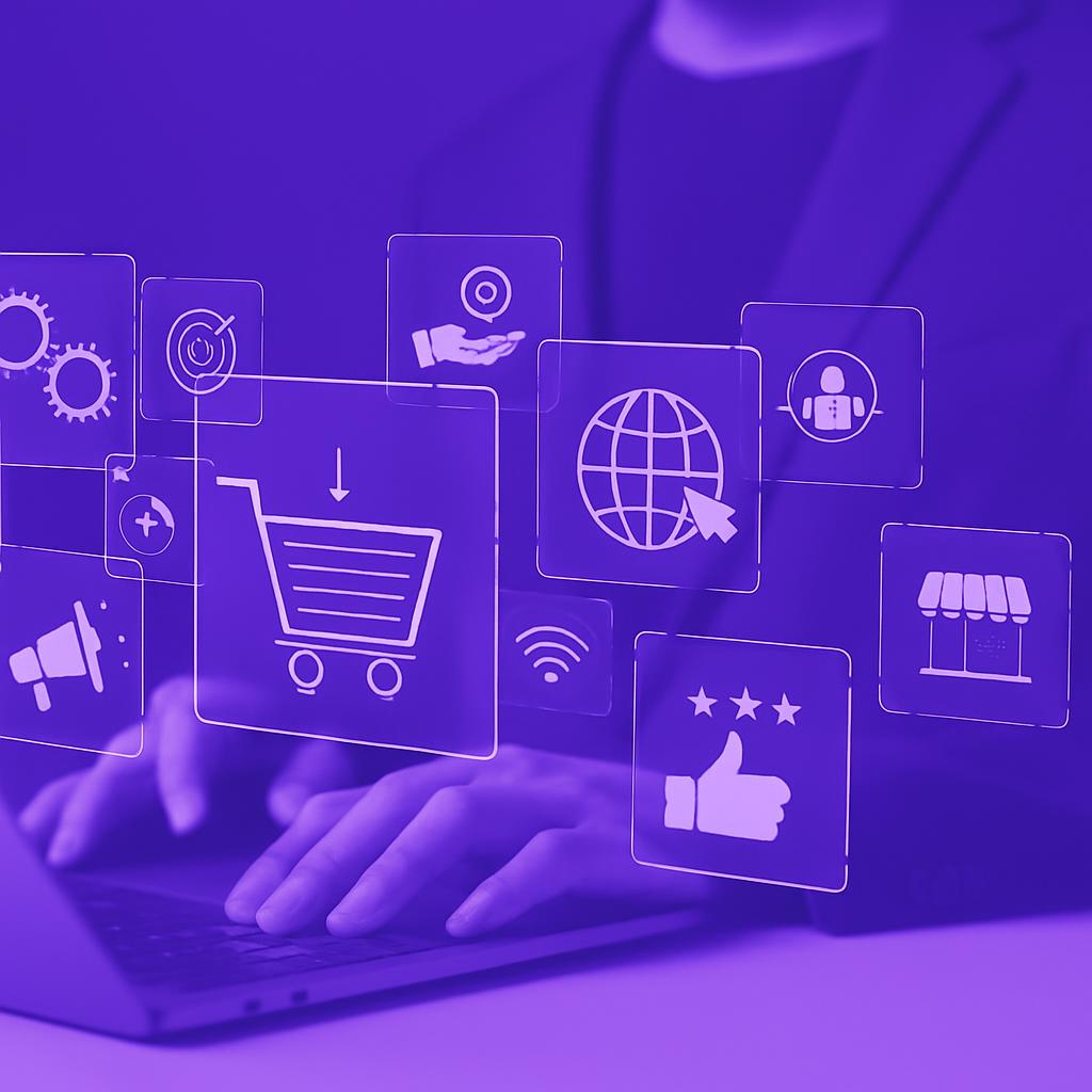 Giao diện kỹ thuật số gồm các biểu tượng thương mại điện tử và marketing được hiển thị một cách trực quan.